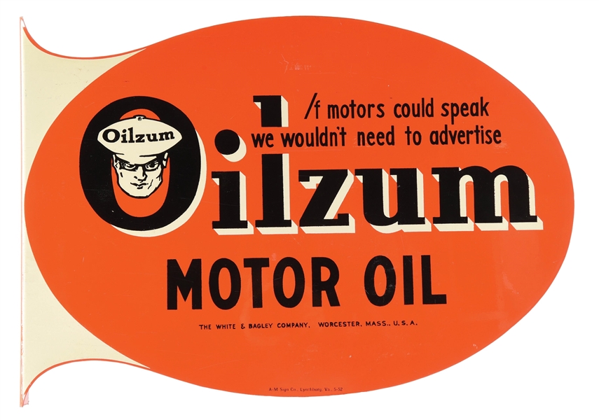 OILZUM MOTOR OIL TIN SERVICE STATION FLANGE SIGN W/ OSWALD GRAPHIC. 