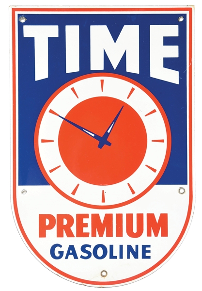 TIME PREMIUM GASOLINE PORCELAIN PUMP PLATE SIGN W/ CLOCK FACE GRAPHIC. 