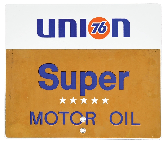 UNION 76 SUPER MOTOR OIL PORCELAIN SIGN W/ REFLECTIVE GOLD FIELD. 