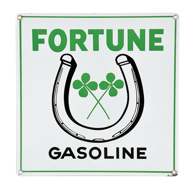 FORTUNE GASOLINE PORCELAIN PUMP PLATE SIGN W/ CLOVER & HORSESHOE GRAPHIC. 