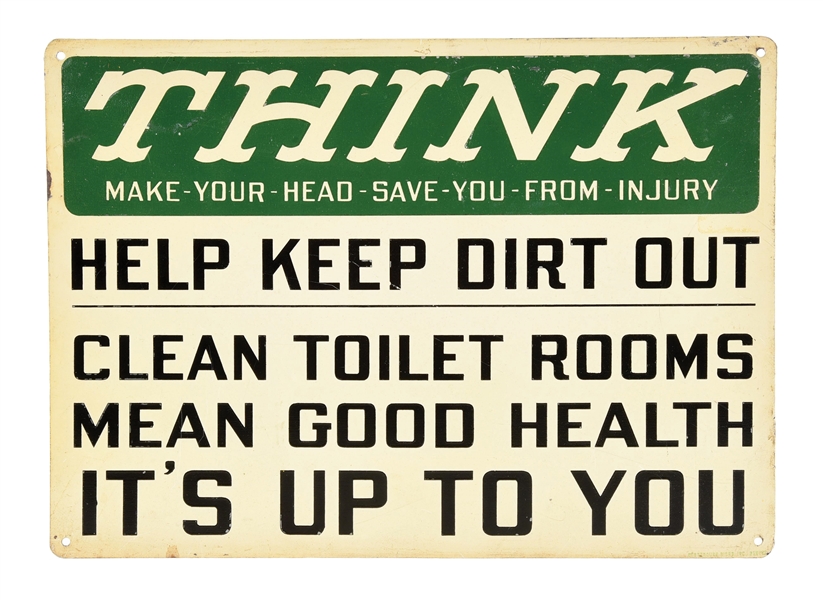 CLEAN TOILET ROOMS MEAN GOOD HEALTH TIN SIGN. 