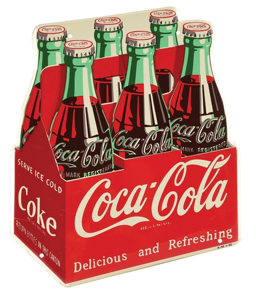 OUTSTANDING COCA COLA DIE-CUT TIN SIX PACK SIGN W/ DETAILED BOTTLE GRAPHIC. 