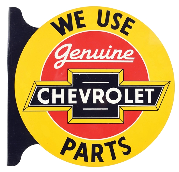 OUTSTANDING CHEVROLET GENUINE PARTS TIN FLANGE SIGN W/ BOW TIE GRAPHIC. 