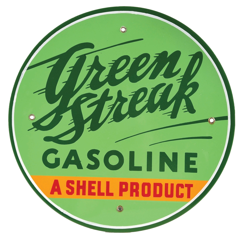 OUTSTANDING SHELL GREEN STREAK GASOLINE PORCELAIN PUMP PLATE SIGN. 
