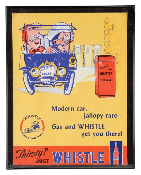 THIRSTY? JUST WHISTLE FRAMED CARD STOCK AD W/ CAR GRAPHIC. 