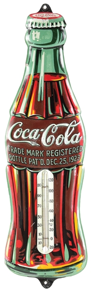 COCA COLA EMBOSSED TIN "CHRISTMAS BOTTLE" THERMOMETER.