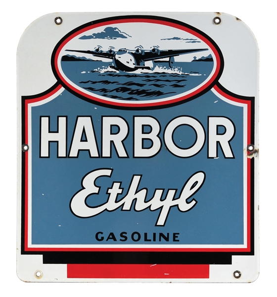 EXTREMELY SCARCE HARBOR ETHYL GASOLINE PORCELAIN PUMP PLATE W/ AIRPLANE GRAPHIC. 