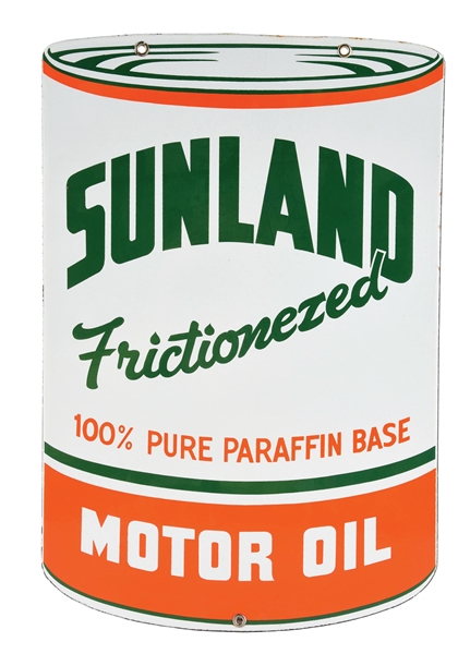 OUTSTANDING SUNLAND FRICTIONEZED MOTOR OIL "QUART CAN" PORCELAIN SIGN.