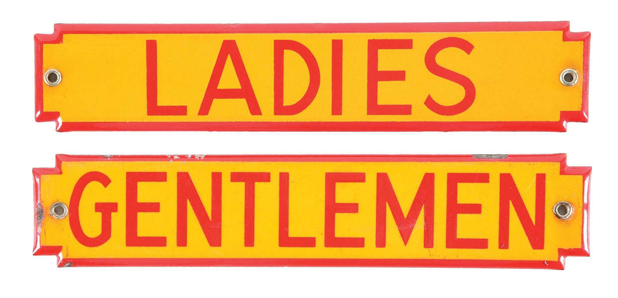 PAIR OF 2: SHELL LADIES & GENTLEMEN PORCELAIN SERVICE STATION REST ROOMS SIGNS. 