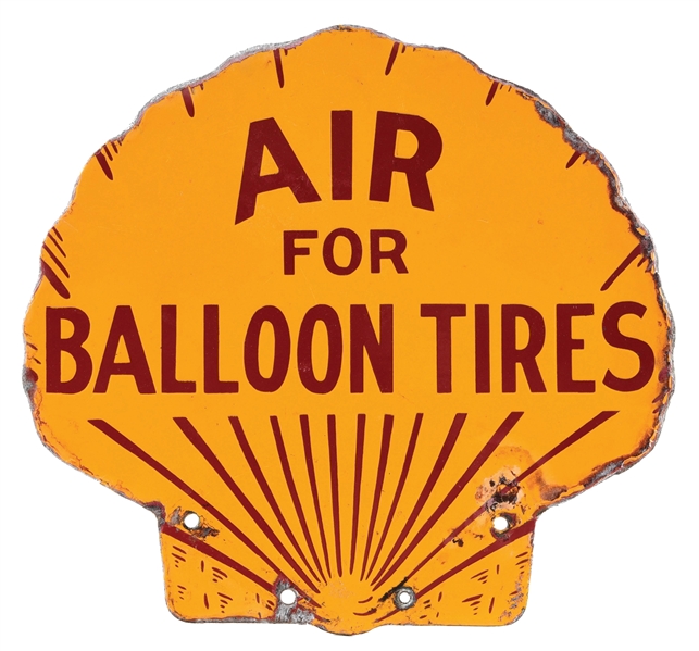 EXTREMELY RARE SHELL "AIR FOR BALLOON TIRES" PORCELAIN SERVICE STATION SIGN.