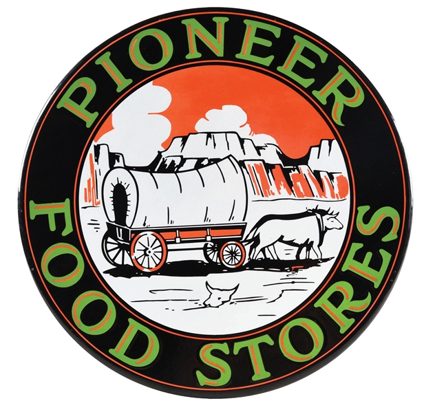 PIONEER FOOD STORES PORCELAIN SIGN W/ WAGON GRAPHIC. 
