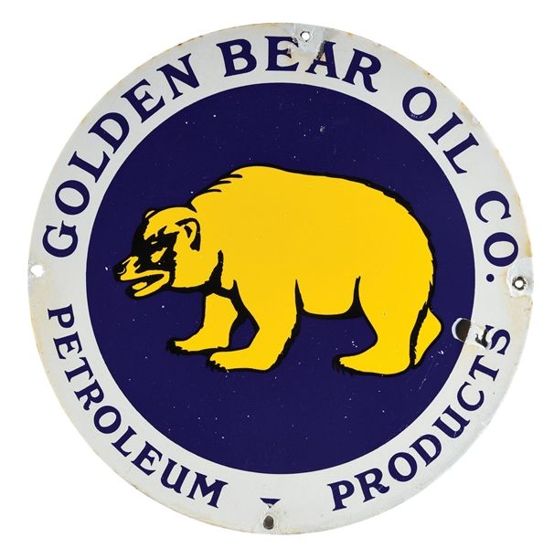 VERY RARE GOLDEN BEAR OIL COMPANY PETROLEUM PRODUCTS PORCELAIN SIGN. 