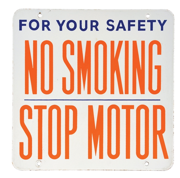 UNION OIL COMPANY NO SMOKING STOP MOTOR PORCELAIN SERVICE STATION SIGN.