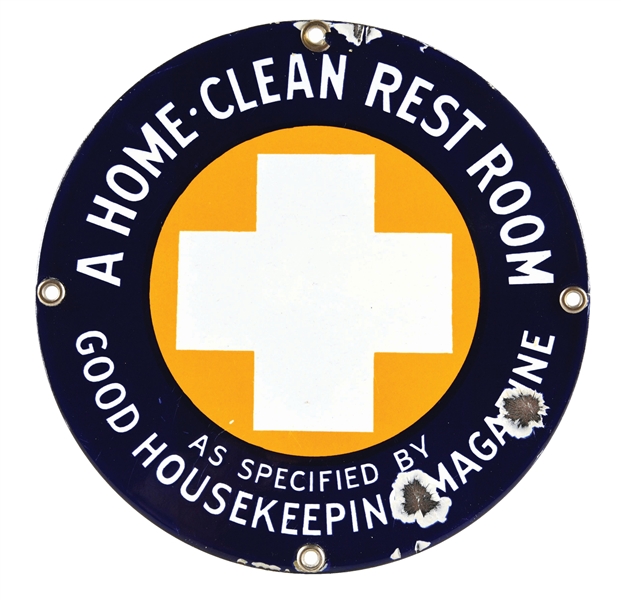 SHELL GASOLINE "HOME-CLEAN REST ROOM" PORCELAIN SERVICE STATION SIGN.