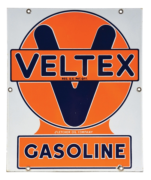 VELTEX GASOLINE PORCELAIN PUMP PLATE SIGN W/ LARGE "V" GRAPHIC. 