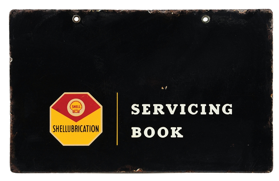 SHELL "SHELLUBRICATION" SERVICING BOOK PORCELAIN SIGN W/ SHELL GRAPHIC. 