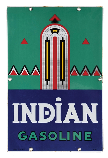 INDIAN GASOLINE "LARGE" PORCELAIN PUMP PLATE SIGN W/ BEADWORK GRAPHIC. 