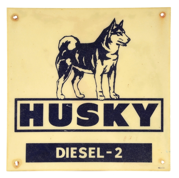 HUSKY DIESEL #2 FIBERGLASS PUMP PLATE SIGN W/ HUSKY DOG GRAPHIC. 