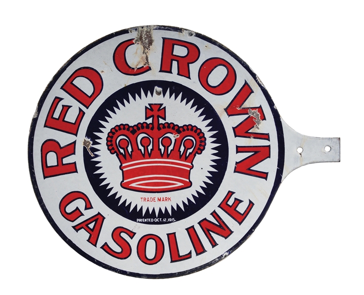 RED CROWN GASOLINE "LARGE" PORCELAIN VISIBLE PUMP PADDLE SIGN. 
