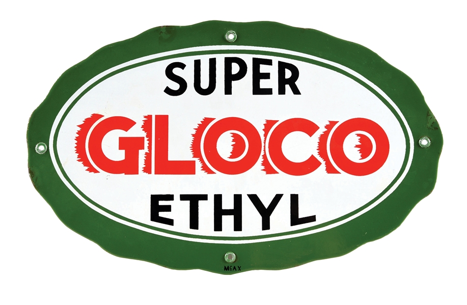 GLOCO SUPER ETHYL GASOLINE PORCELAIN PUMP PLATE SIGN. 