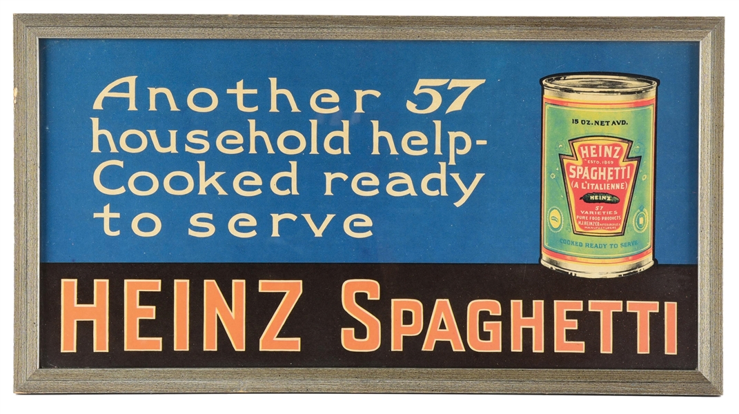 HEINZ 57 SPAGHETTI FRAMED CARD STOCK ADVERTISEMENT W/ CAN GRAPHIC. 