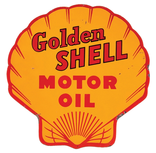 RARE GOLDEN SHELL MOTOR OIL PORCELAIN SERVICE STATION RACK SIGN. 