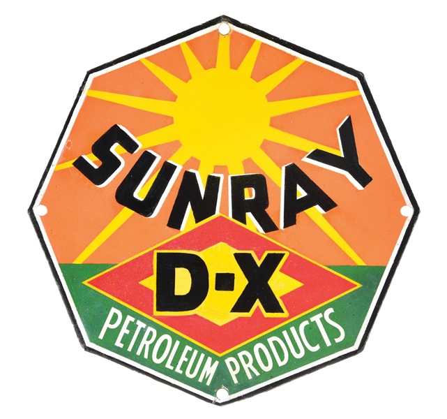 SUNRAY D-X PETROLEUM PRODUCTS PORCELAIN SIGN W/ SUNBURST GRAPHIC. 