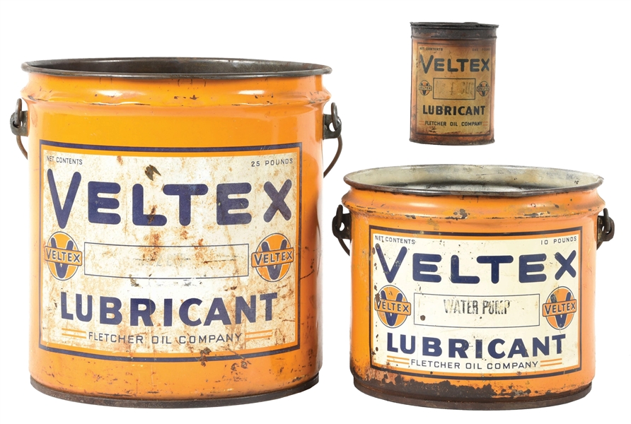 COLLECTION OF 3: VELTEX ONE, TEN & TWENTY FIVE POUND GREASE CANS. 