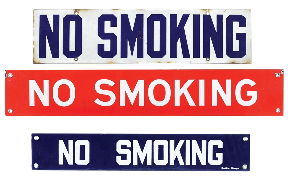 COLLECTION OF 3: "NO SMOKING" PORCELAIN SIGNS.