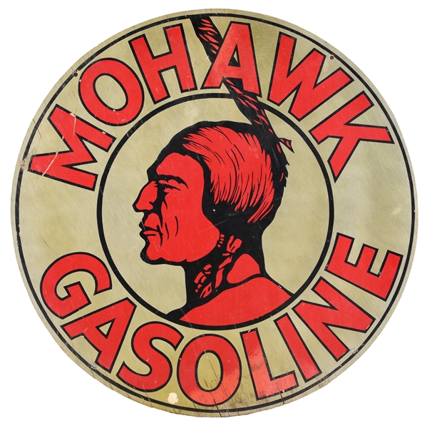 RARE MOHAWK GASOLINE PAINTED WOOD SERVICE STATION SIGN W/ NATIVE AMERICAN GRAPHIC. 