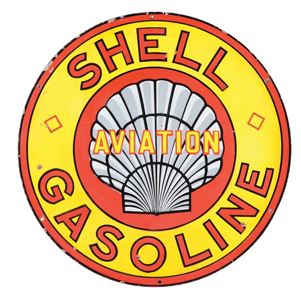 RARE SHELL AVIATION GASOLINE PORCELAIN SIGN W/ ROXANNA STYLE GRAPHIC. 