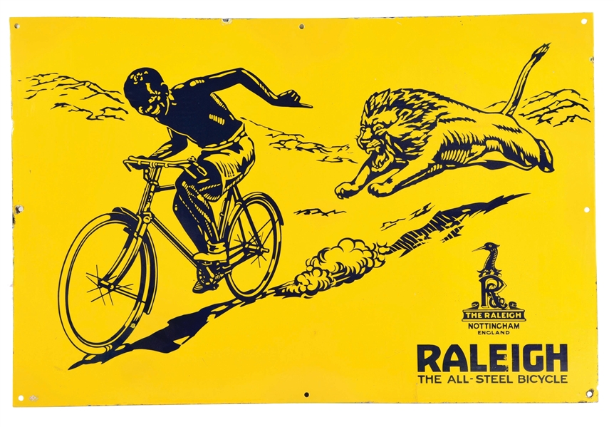 RALEIGH "THE ALL STEEL BICYCLE" PORCELAIN SIGN W/ LION GRAPHIC. 