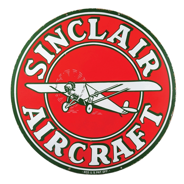 OUTSTANDING SINCLAIR AIRCRAFT PORCELAIN SIGN W/ AIRPLANE GRAPHIC. 