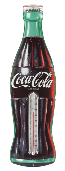 COCA-COLA EMBOSSED TIN BOTTLE THERMOMETER.