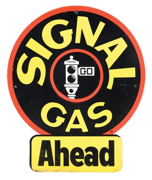 RARE SIGNAL GAS AHEAD TIN KEYHOLE SIGN W/ STOPLIGHT GRAPHIC. 