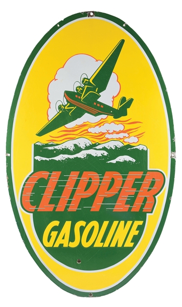 CLIPPER GASOLINE PORCELAIN SERVICE STATION SIGN W/ AIRPLANE GRAPHIC. 