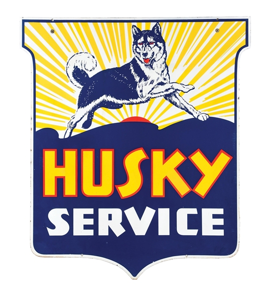 HUSKY SERVICE PORCELAIN SHIELD SIGN W/ HUSKY DOG GRAPHIC. 