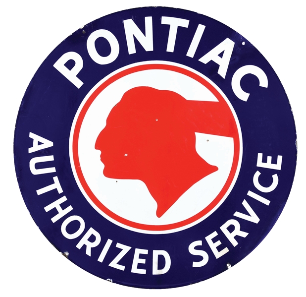 PONTIAC AUTHORIZED SERVICE PORCELAIN SIGN W/ NATIVE AMERICAN GRAPHIC. 