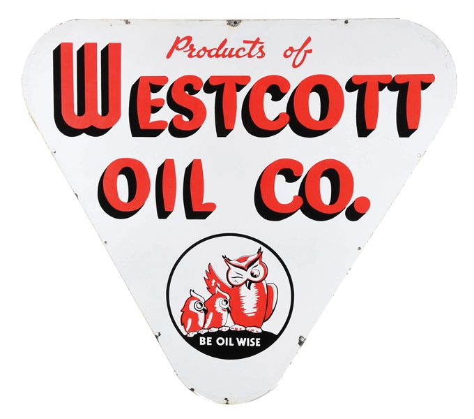 RARE WESTCOTT OIL COMPANY PORCELAIN SIGN W/ OWL GRAPHIC. 