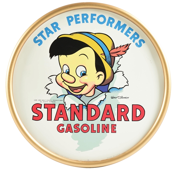 STANDARD GASOLINE STAR PERFORMERS TIN REPRODUCTION SIGN W/ PINOCCHIO GRAPHIC. 