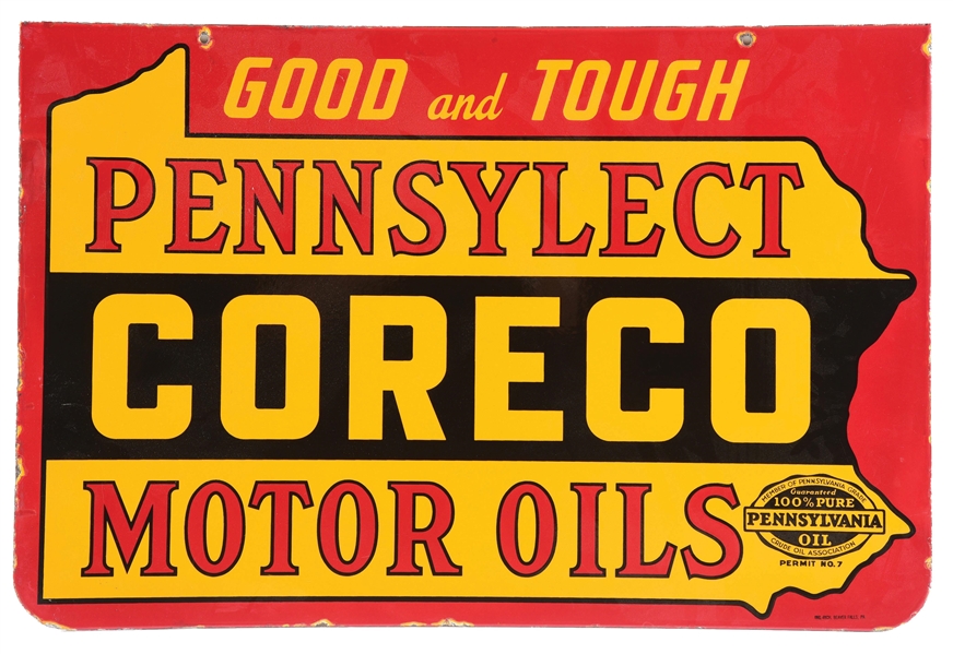 CORECO PENNSYLECT MOTOR OILS "GOOD & TOUGH" PORCELAIN SIGN. 