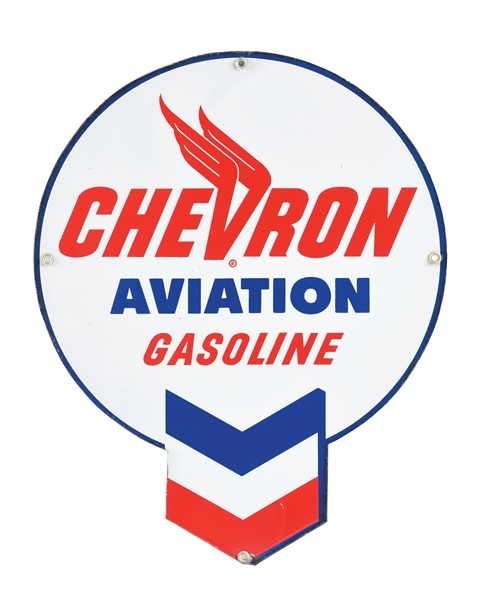 RARE CHEVRON AVIATION GASOLINE PORCELAIN SERVICE STATION SIGN. 