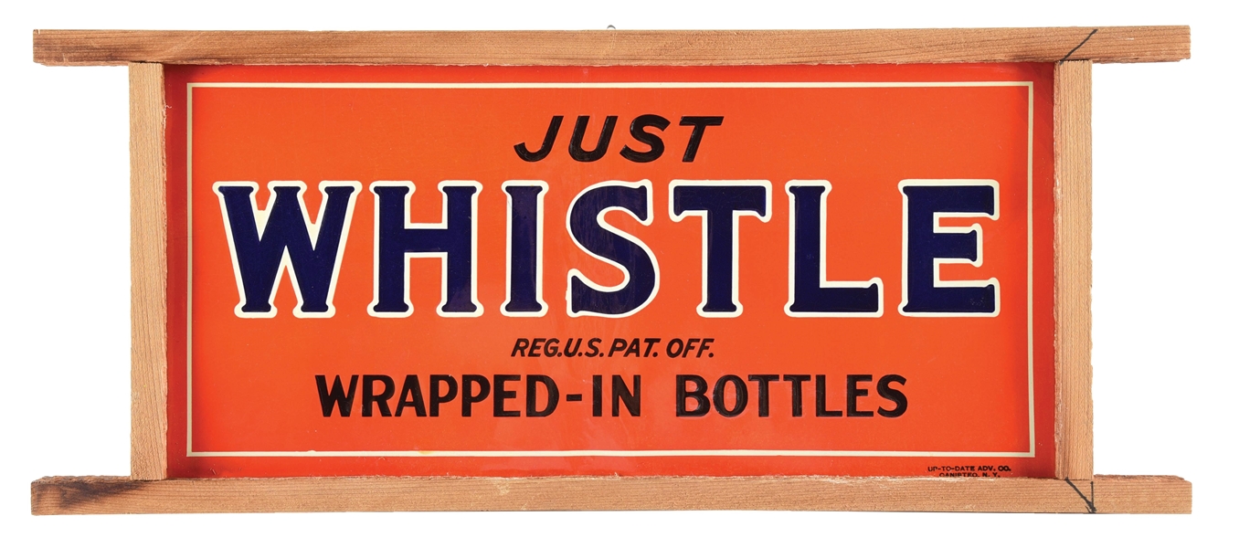 JUST WHISTLE SODA POP EMBOSSED TIN SIGN W/ ADDED WOOD FRAME. 