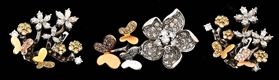 18K TRI-COLOR GOLD DIAMOND RING & EARRING SET W/FLOWERS & BUTTERFLIES.