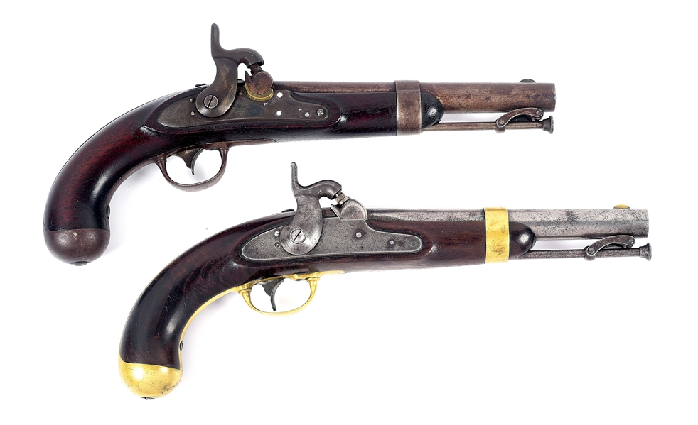 (A) LOT OF 2 PERCUSSION PISTOLS, NEW JERSEY MARKED US M1836 BY JOHNSON CONVERTED FROM FLINTLOCK AND US M1842 BY ASTON.