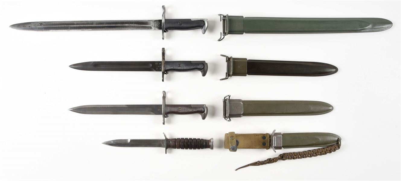 LOT OF 4: US BAYONETS AND FIGHTING KNIFE.