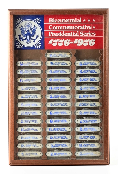 BICENTENNIAL COMMEMORATIVE PRESIDENTIAL SERIES 1776-1986 FRAMED WOOD AND GLASS DISPLAY CONTAINING 37 2 BLADE JACKKNIVES COMMEMORATING PRESIDENTS.