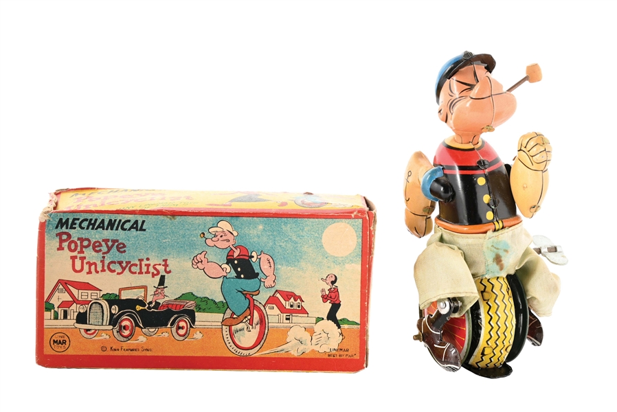 JAPANESE LINEMAR TIN LITHO WIND-UP POPEYE UNICYCLIST TOY IN ORIGINAL BOX.