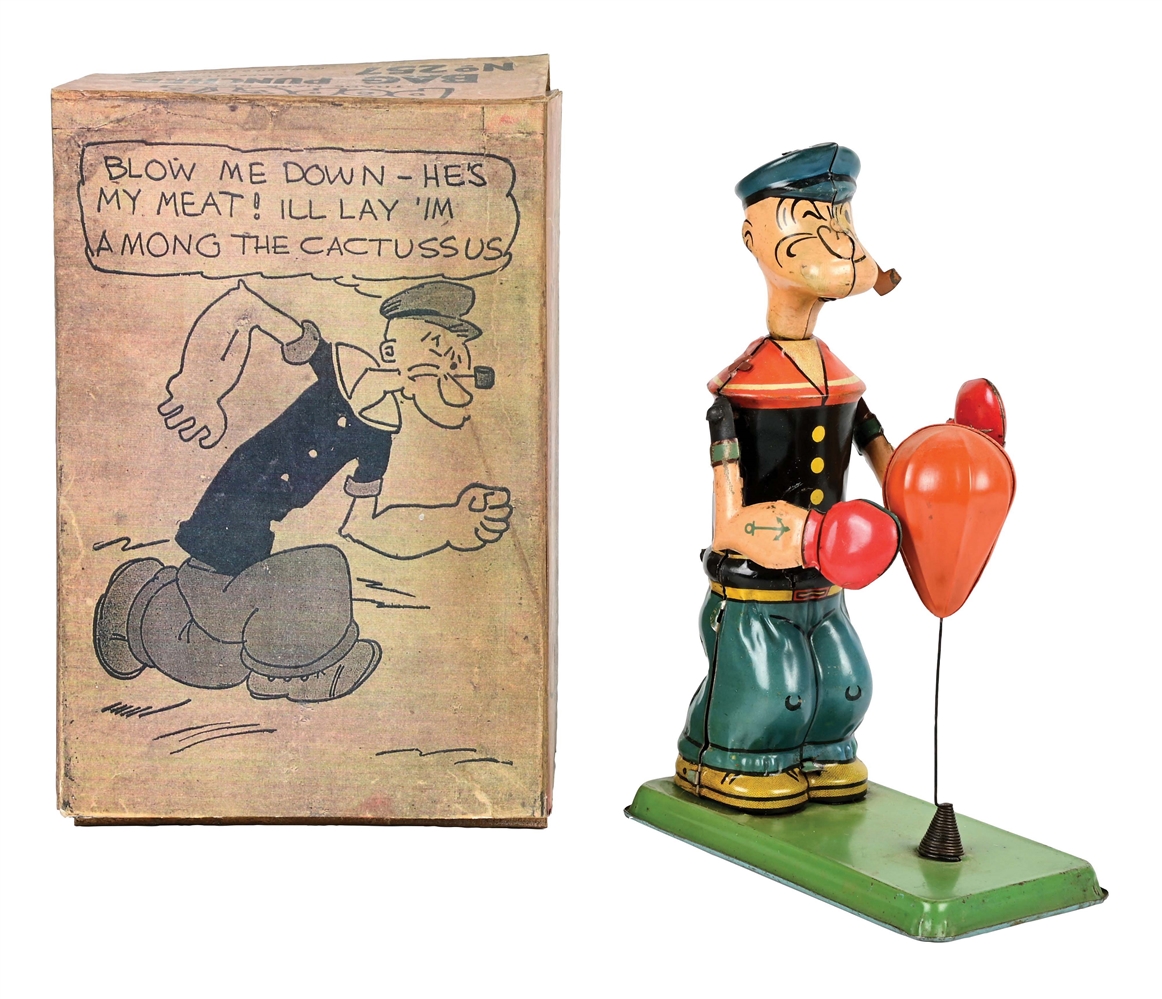J. CHEIN & CO. TIN LITHO WIND-UP POPEYE BAG PUNCHER TOY.