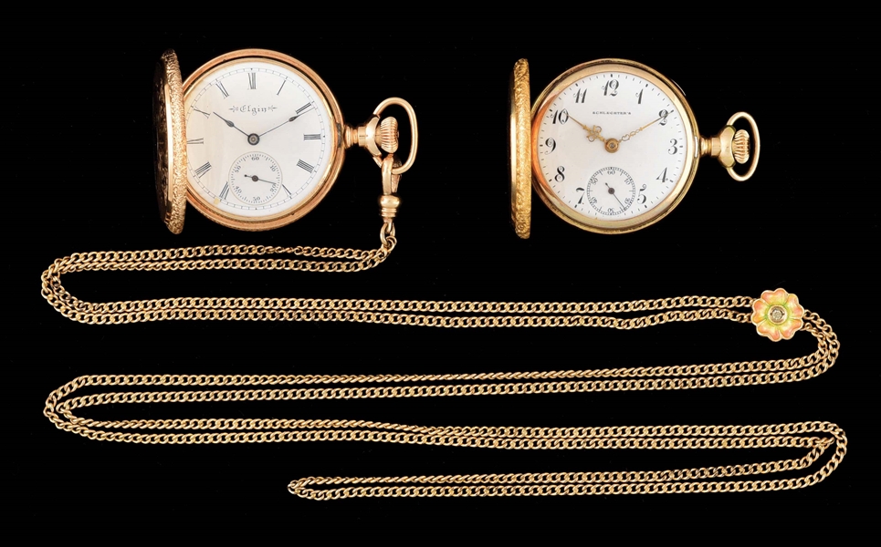 LOT OF 2: 14K GOLD H/C PENDANT WATCHES WITH CHAIN.